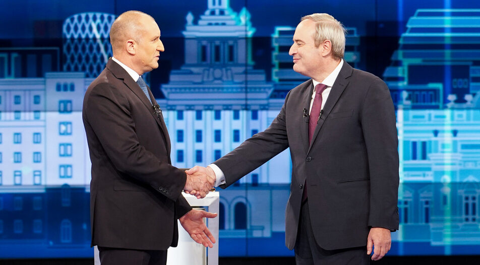 Mr Radev (left) angered Ukraine after a comment about Crimea during his debate with Mr Gerdjikov