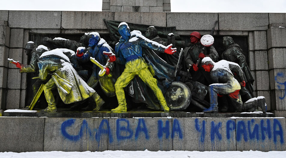 The Soviet Army monument in central Sofia have been painted with the colors of the Ukrainian flag